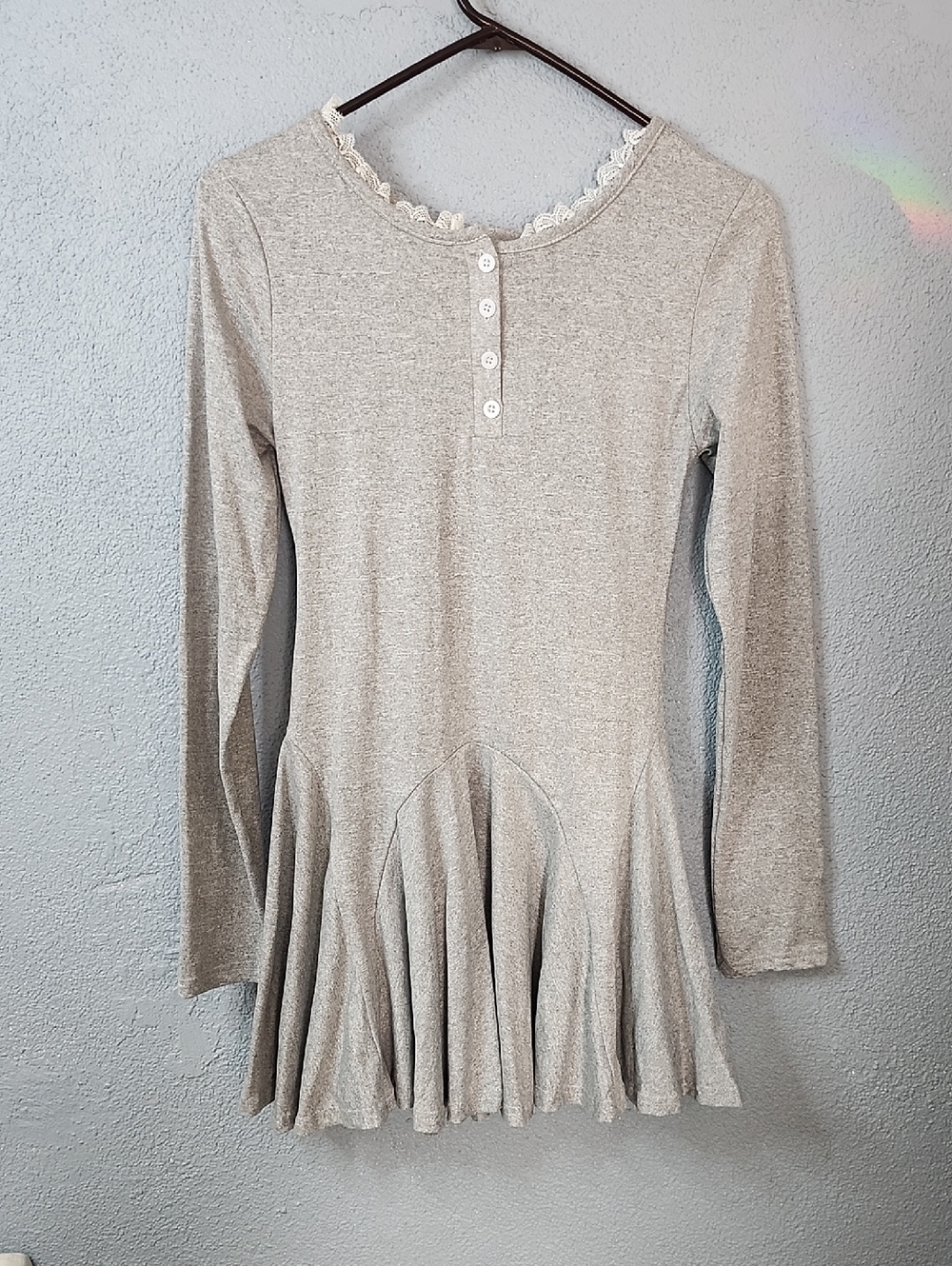 Gray Long Sleeve Peplum Dress with Lace Trim
